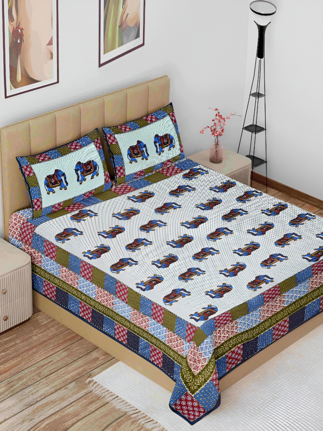 

The Craft Monk Blue & Green Cotton 144 TC King Bedsheet with 2 Pillow Covers