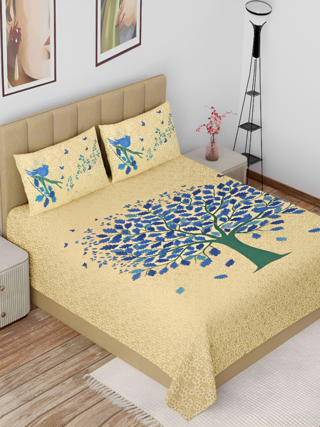 

The Craft Monk Beige & Blue Floral Cotton 144 TC King Bedsheet with 2 Pillow Covers