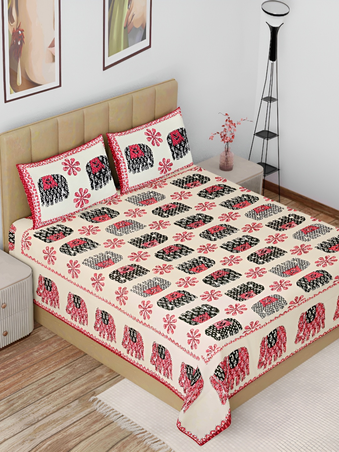 

The Craft Monk Beige & Pink Ethnic Motifs Cotton 144 TC King Bedsheet with 2 Pillow Covers