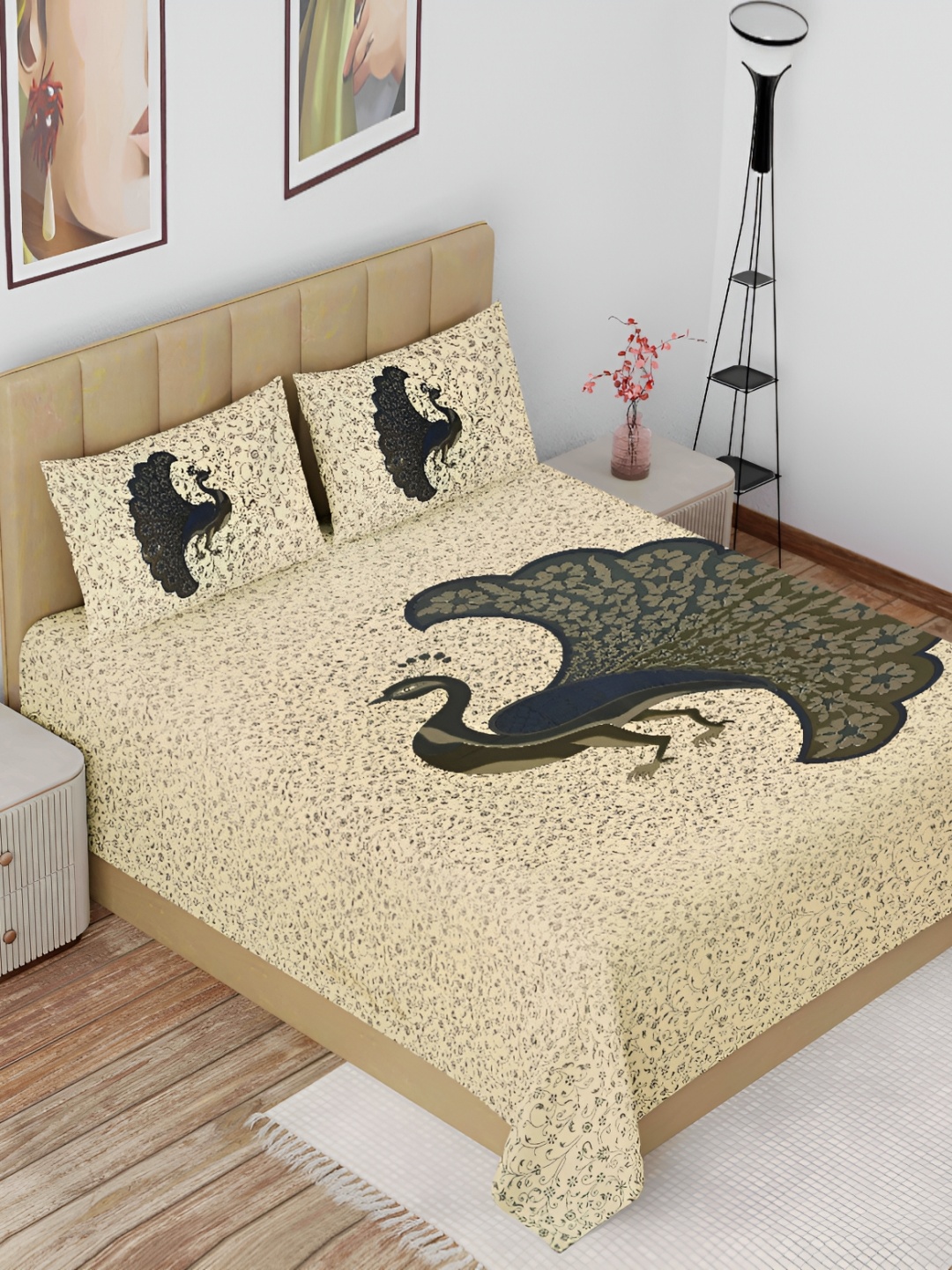 

The Craft Monk Beige & Green Cotton 144 TC King Bedsheet with 2 Pillow Covers