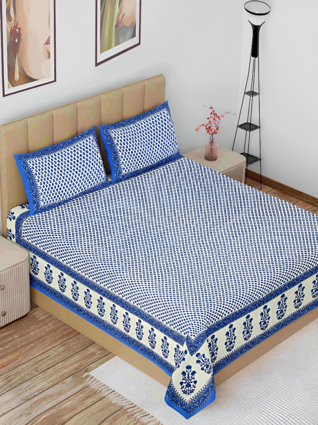 

The Craft Monk Blue & Off White Floral Cotton 144 TC King Bedsheet with 2 Pillow Covers