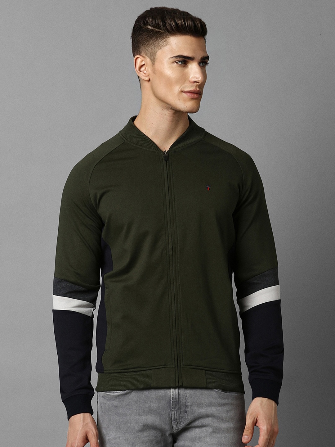 

Louis Philippe Sport Mandarin Collar Pure Cotton Front-Open Sweatshirt, Green