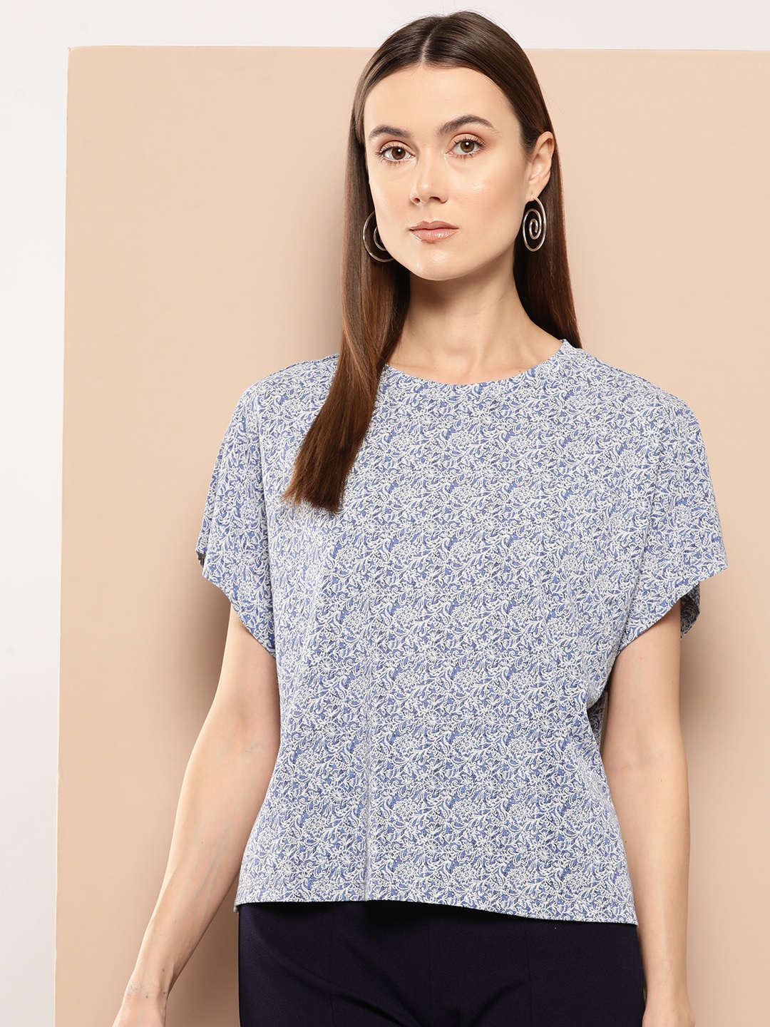 

INVICTUS Oversized Floral Printed Extended Sleeves Pure Cotton T-shirt, Blue