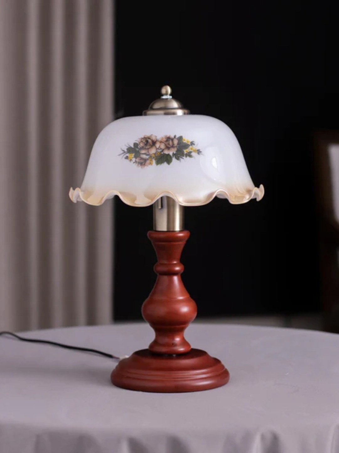 

THEDECORKART White & Brown Floral Design Printed Wooden Table Lamps