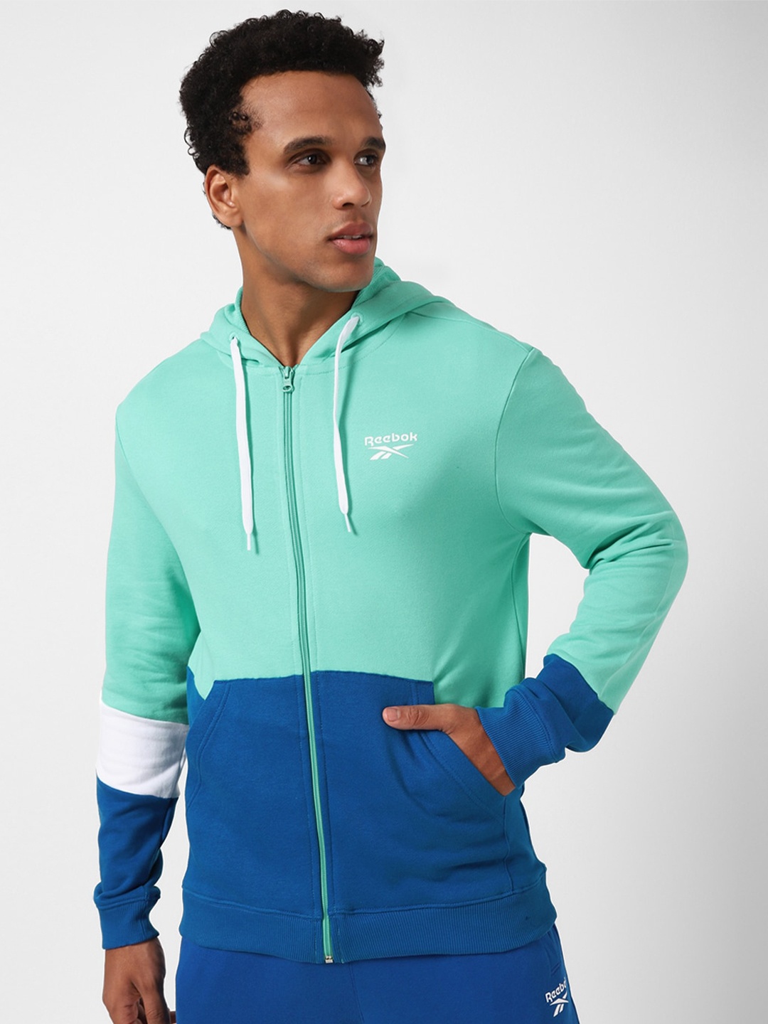 

Reebok Wce Colourblocked Hooded Pure Cotton Pullover Sweatshirt, Sea green
