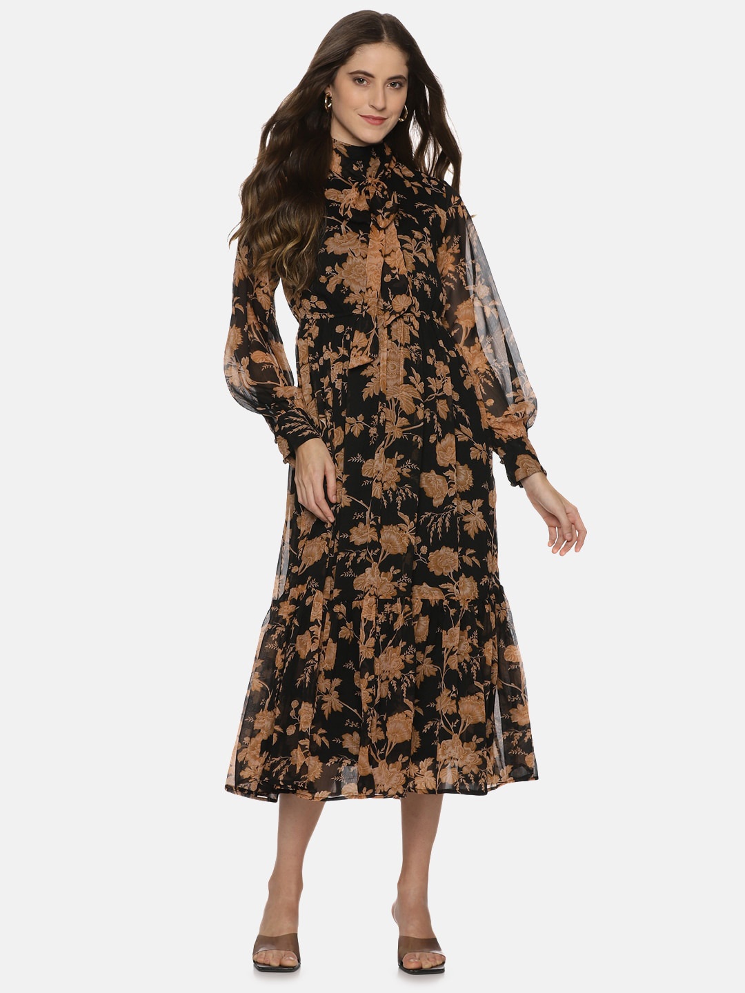 

ISU Floral Printed High Neck Cuffed Sleeves Chiffon Tie Up Fit & Flare Midi Dress, Black
