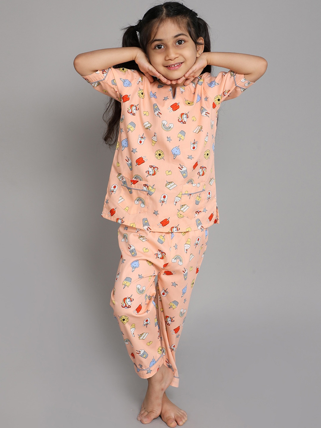 

BAESD Girls Conversational Printed Pure Cotton Night Suit, Peach