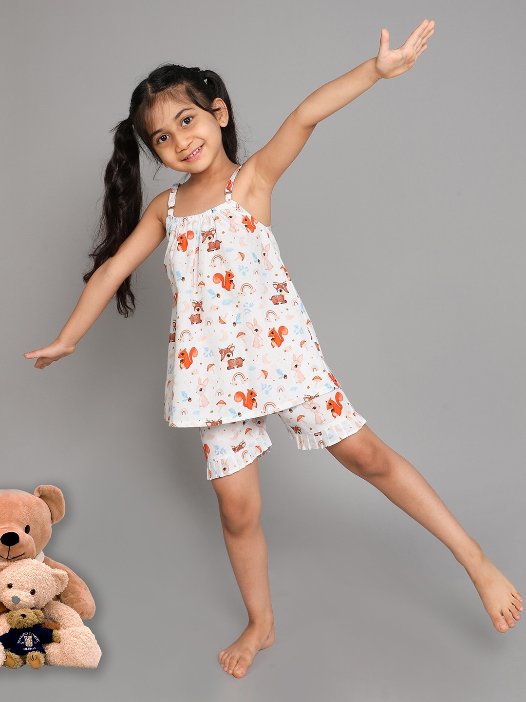 

BAESD Girls Conversational Printed Pure Cotton Night Suit, White