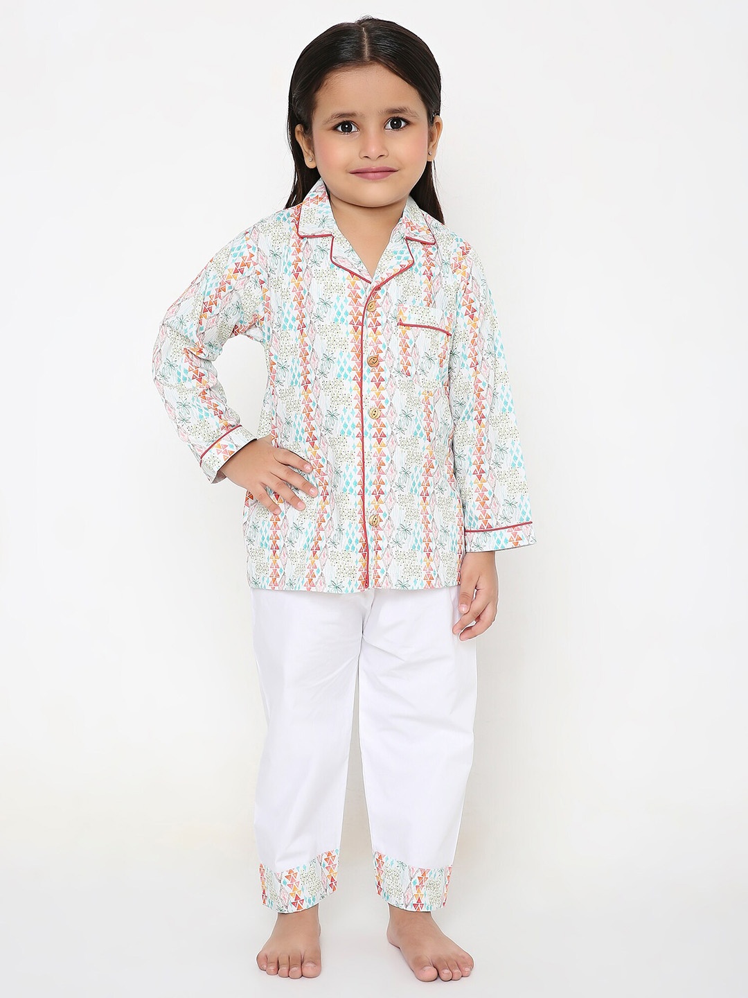 

BAESD Kids Geometric Printed Pure Cotton Shirt With Pyjamas, White