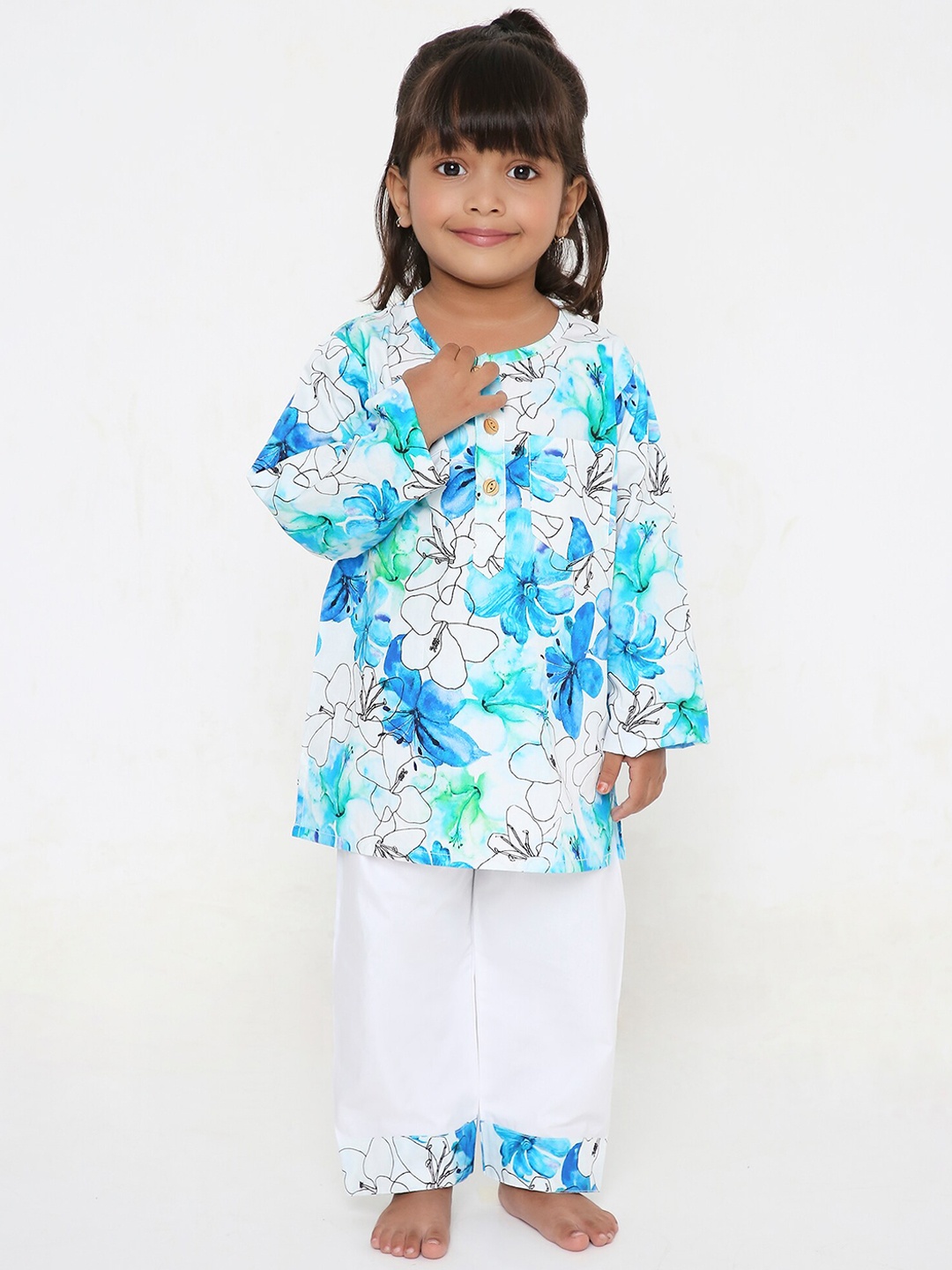 

BAESD Girls Floral Printed Pure Cotton Shirt With Pyjamas, White