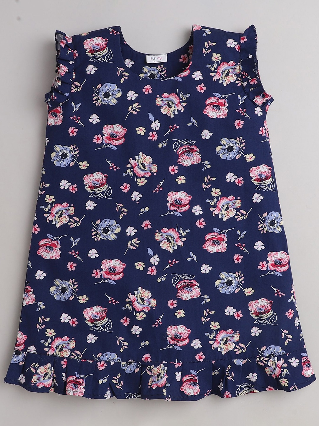 

BAESD Girls Floral Printed Round Neck Pure Cotton Nightdress, Navy blue