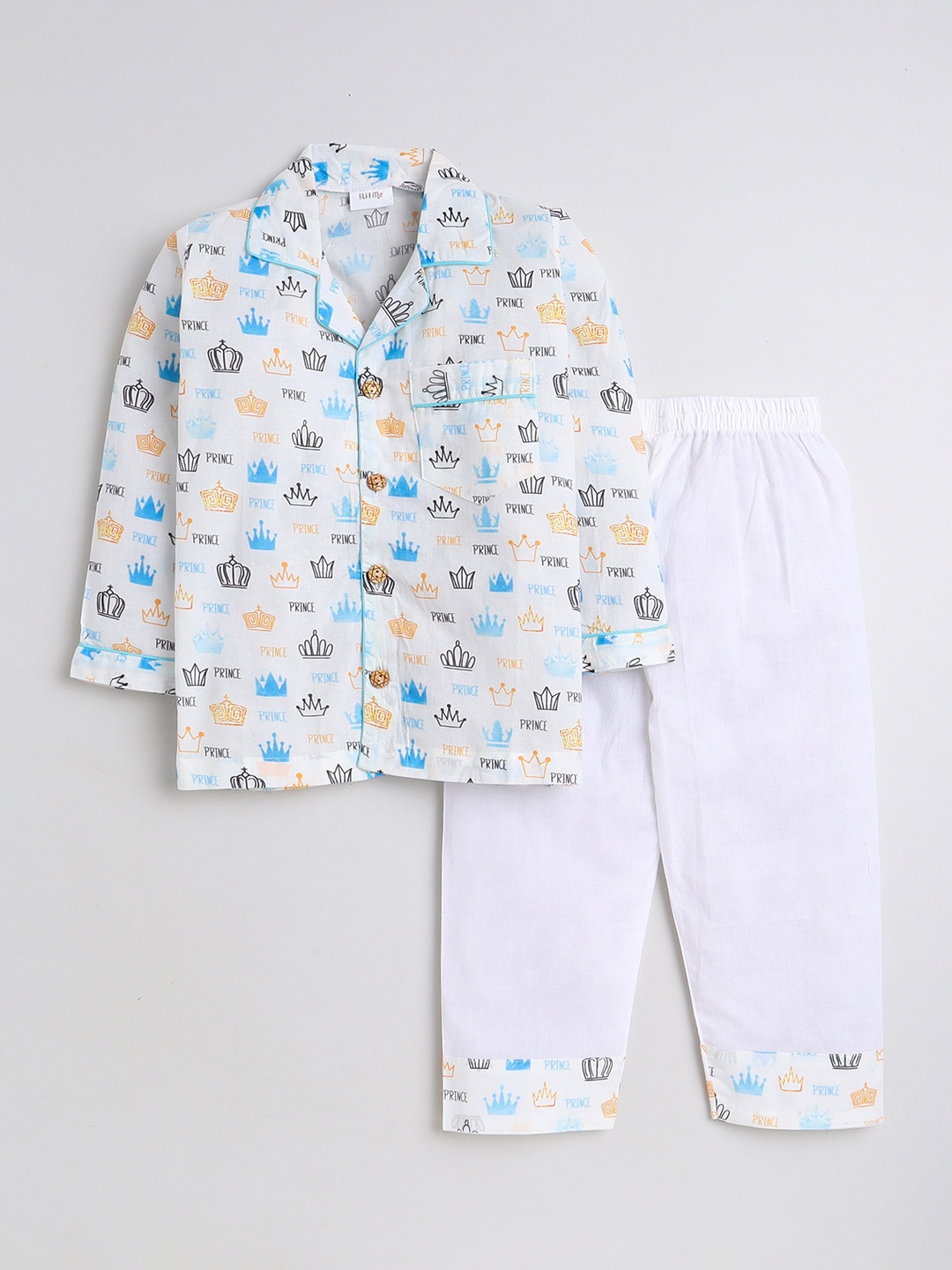

BAESD Boys Conversational Printed Lapel Collar Pure Cotton Night suit, White