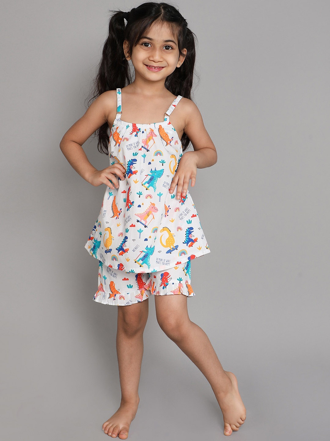 

BAESD Girls Conversational Printed Pure Cotton Night Suit, White