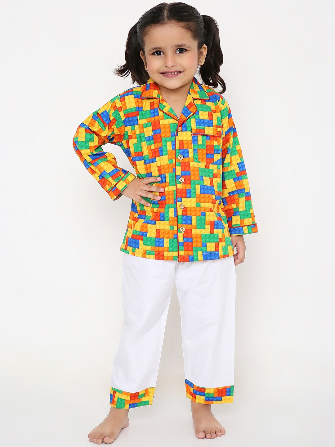

BAESD Girls Geometric Printed Pure Cotton Shirt With Pyjamas, Red