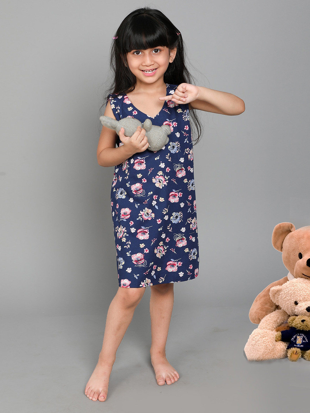 

BAESD Girls Floral Printed V-Neck Pure Cotton Nightdress, Navy blue