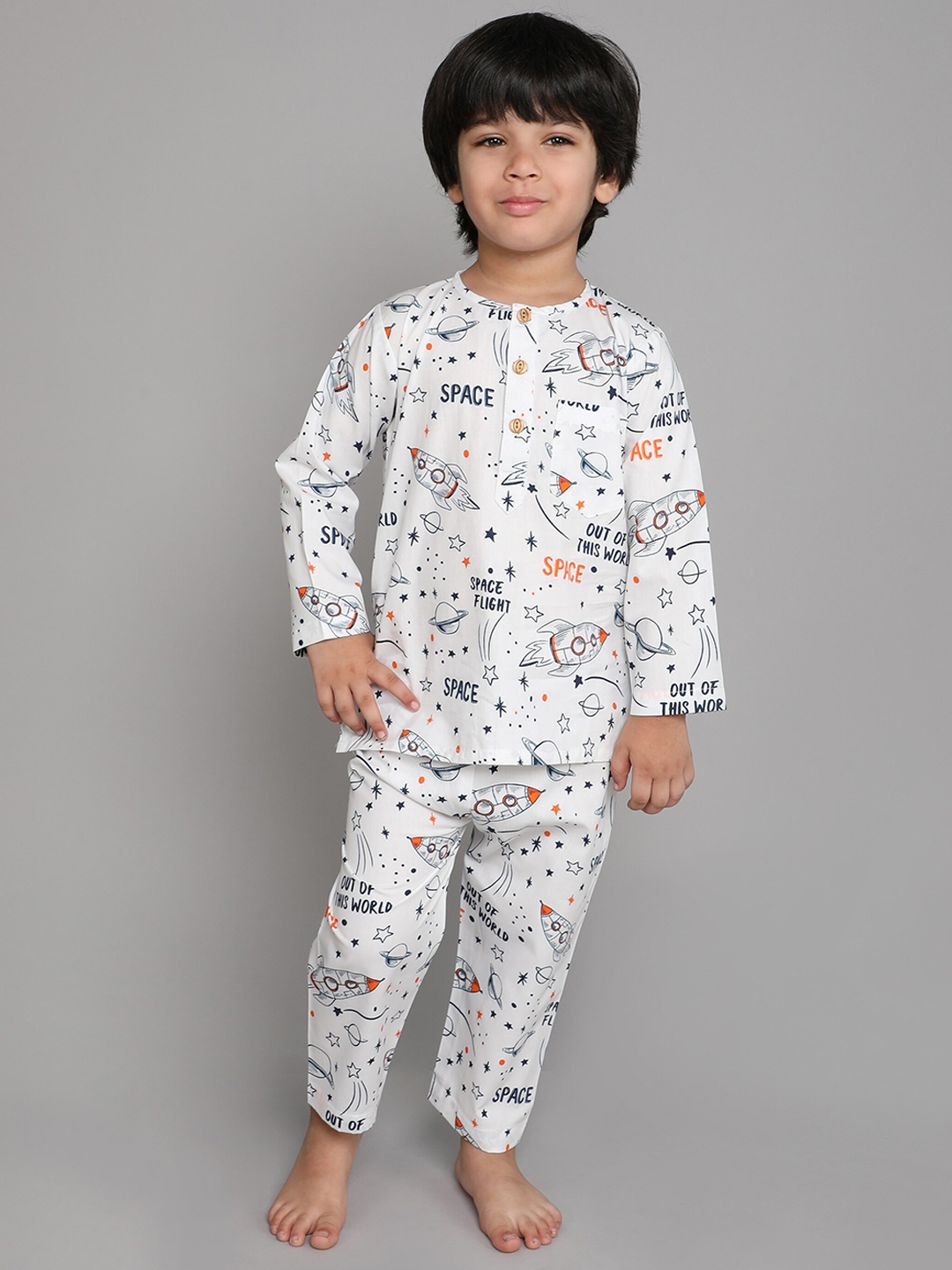 

BAESD Boys Conversational Printed Pure Cotton Night Suit, White