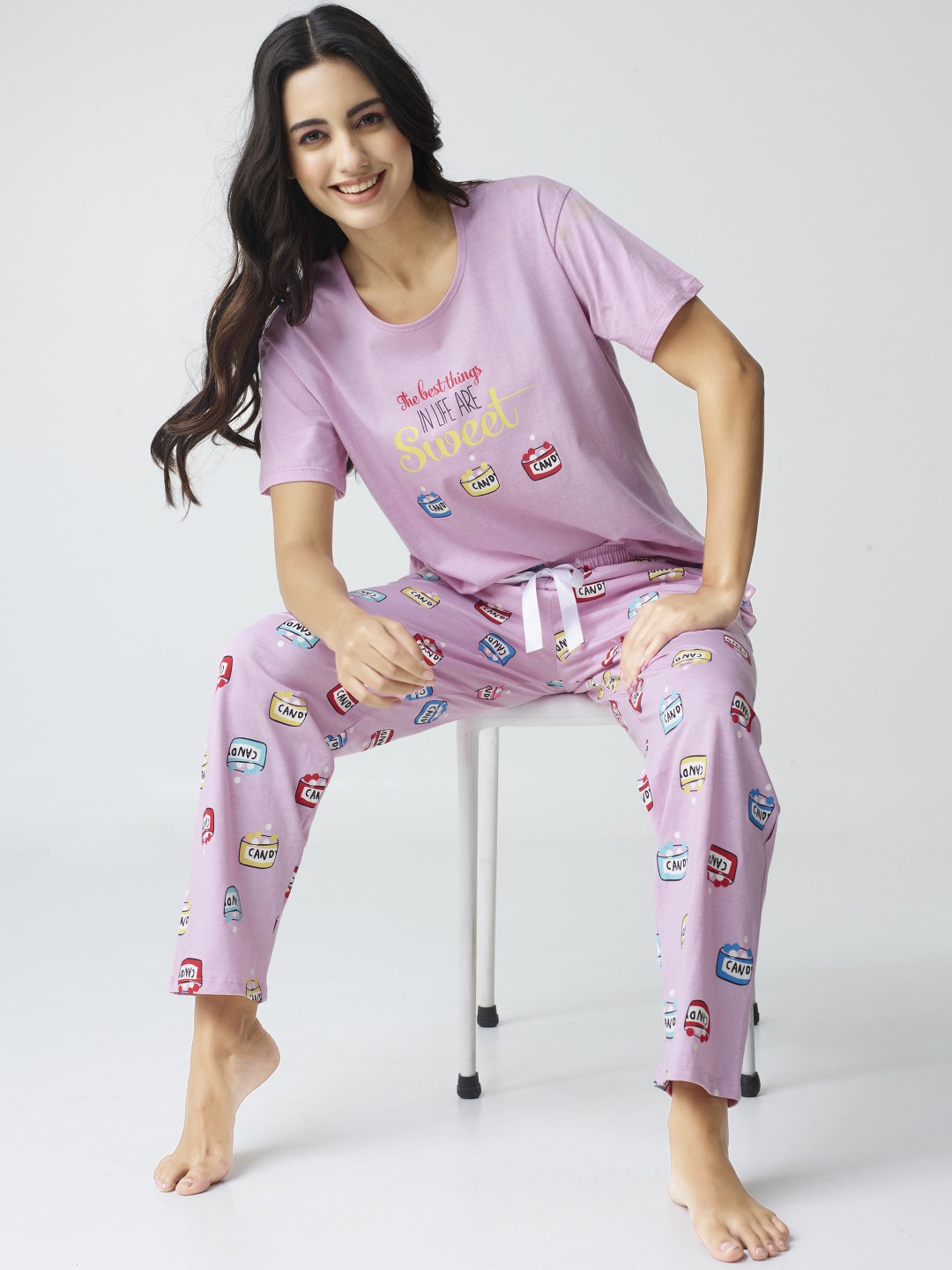

I like me Women Printed Pure Cotton T-Shirt with Pyjam & Shorts, Pink