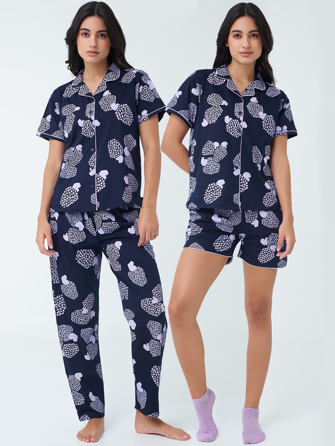 

I like me Women Printed Pure Cotton Shirt With Pajama, Short, Purple