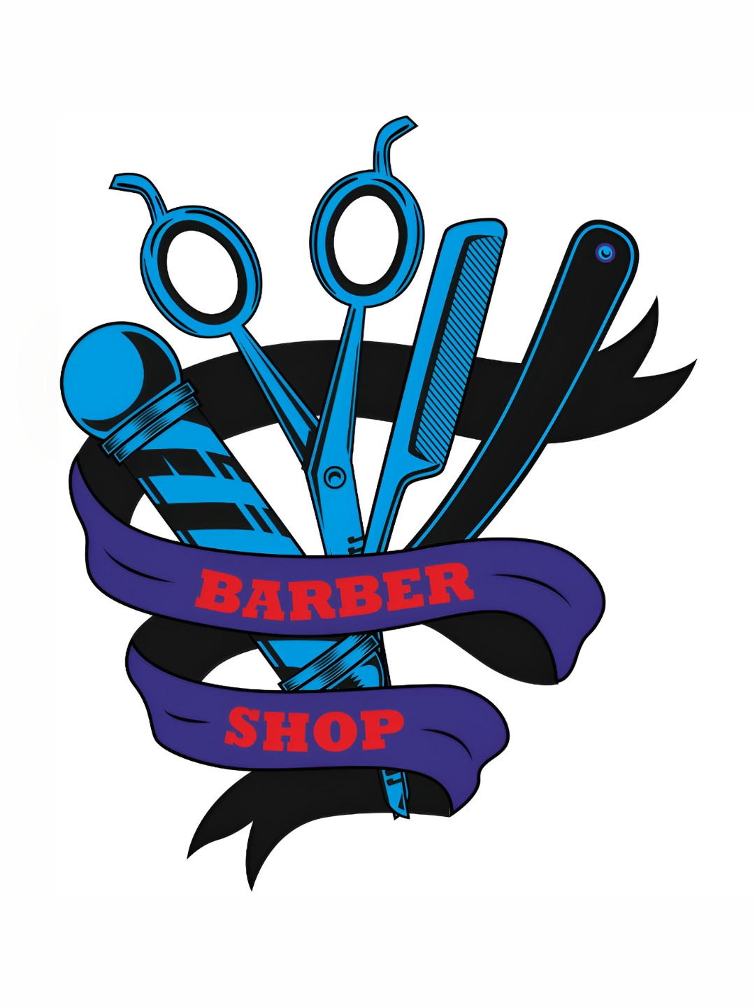 

CVANU Blue & Black Barber Shop's Tools Self Adhesive Wall Sticker