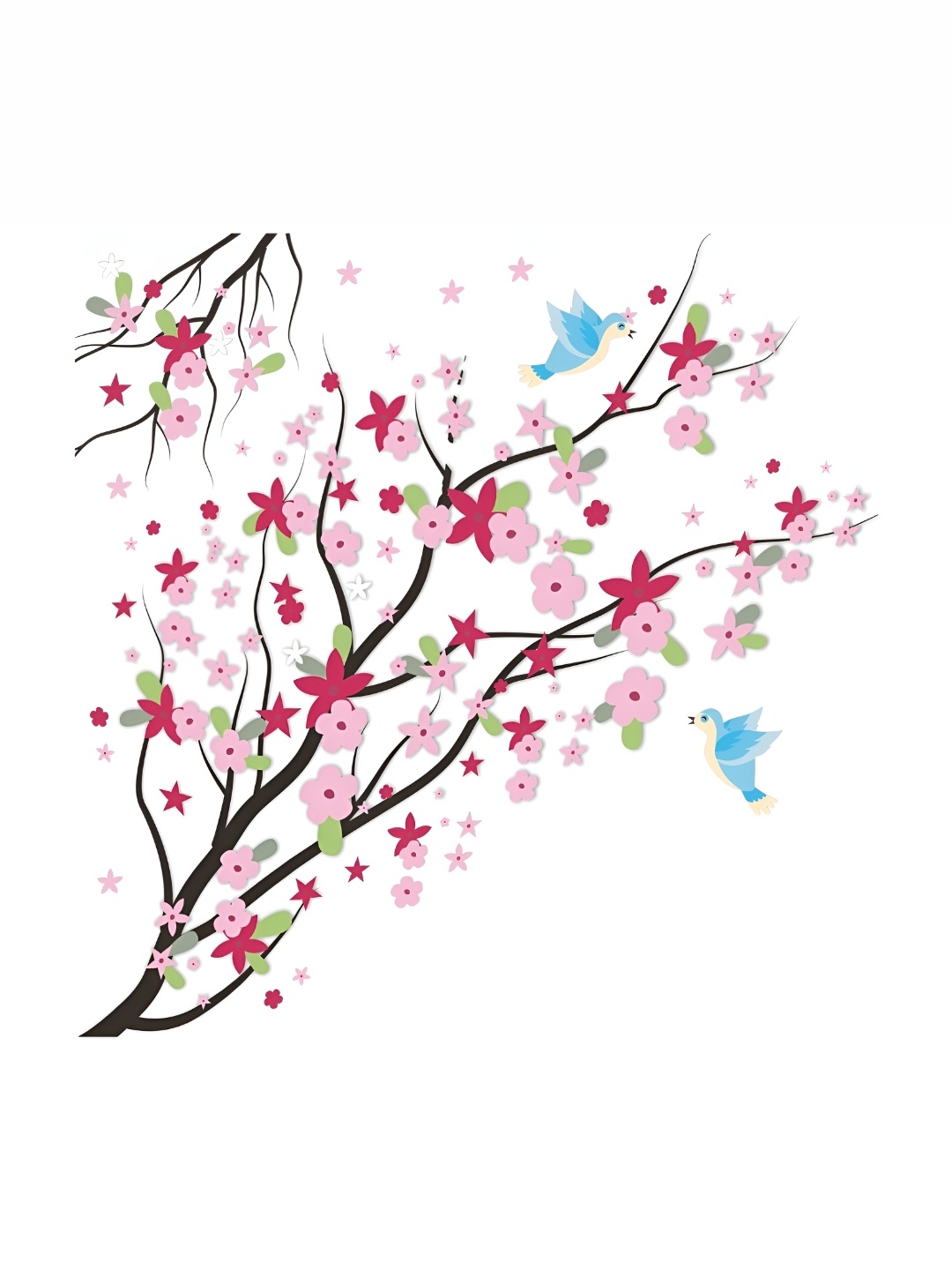 

CVANU Pink & Green Flowers on Branch With Little Birds PVC Vinyl Wall Sticker