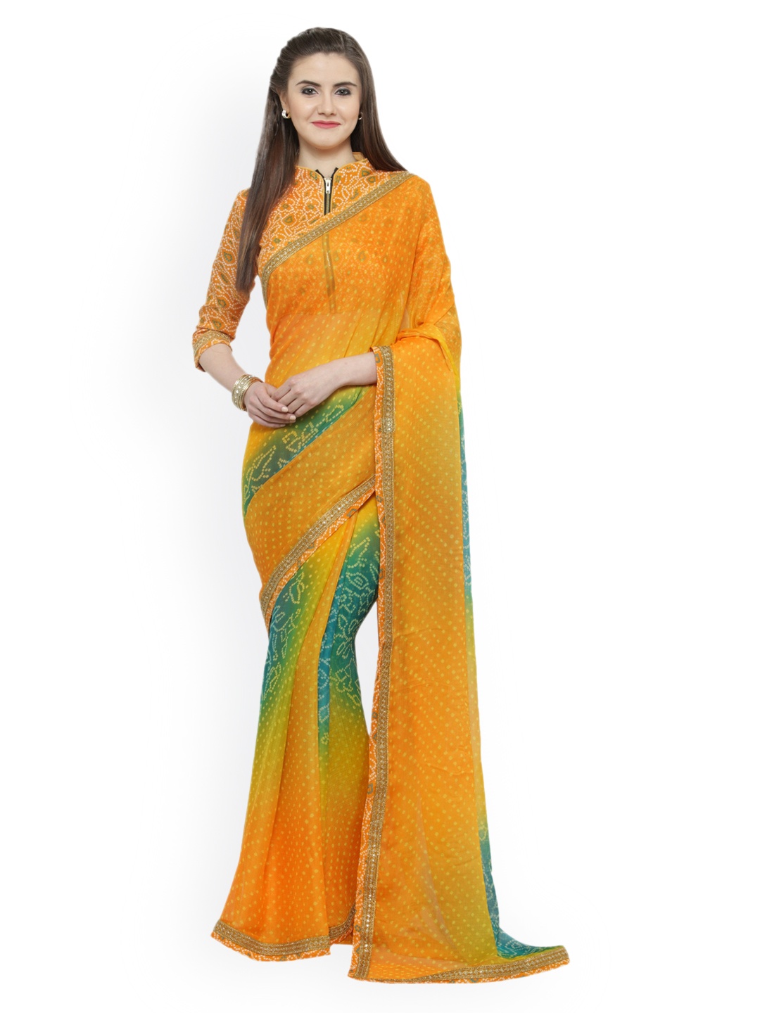 

Shaily Orange & Green Pure Chiffon Bandhej Printed Saree