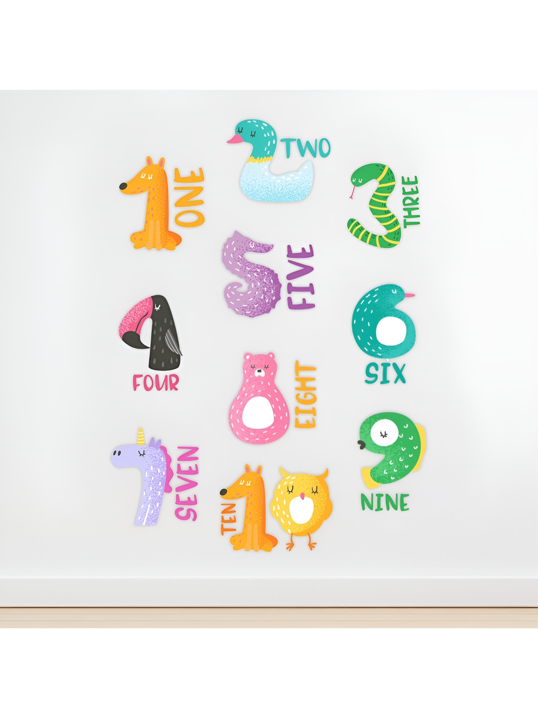 

CVANU Orange & Green Numbers (1234) In Words With Funny Animals Self Adhesive Wall Sticker