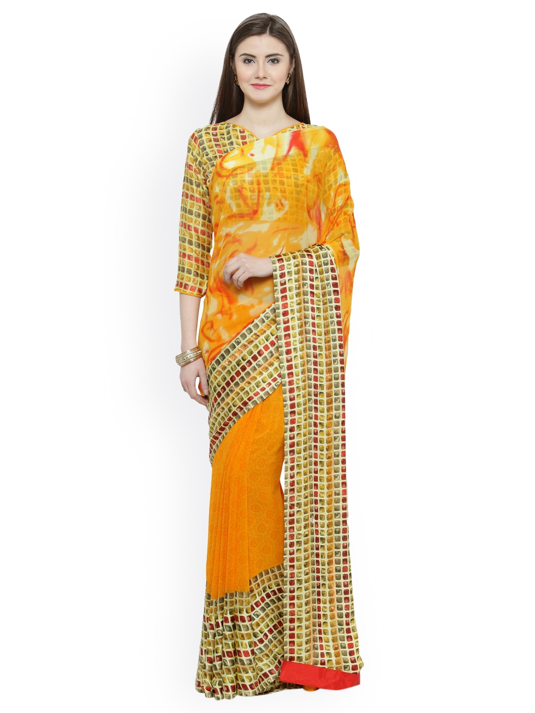 

Shaily Yellow & Orange Printed Saree