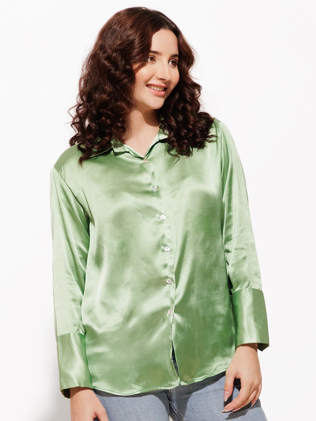 

Urban Sundari Classic Fit Satin Casual Shirt, Green