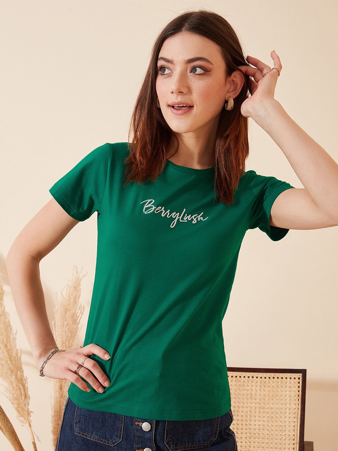 

Berrylush BASICS Green Brand Logo Embroidered Pure Cotton T-shirt