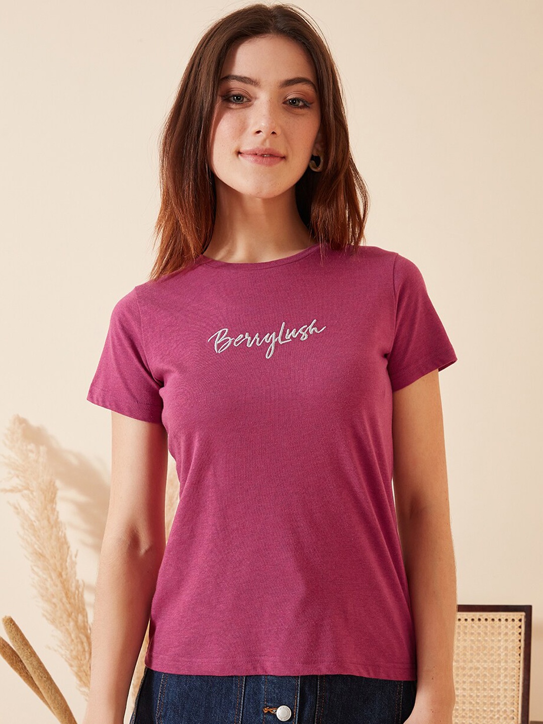 Berrylush BASICS Pink Brand Logo Embroidered Pure Cotton T-shirt