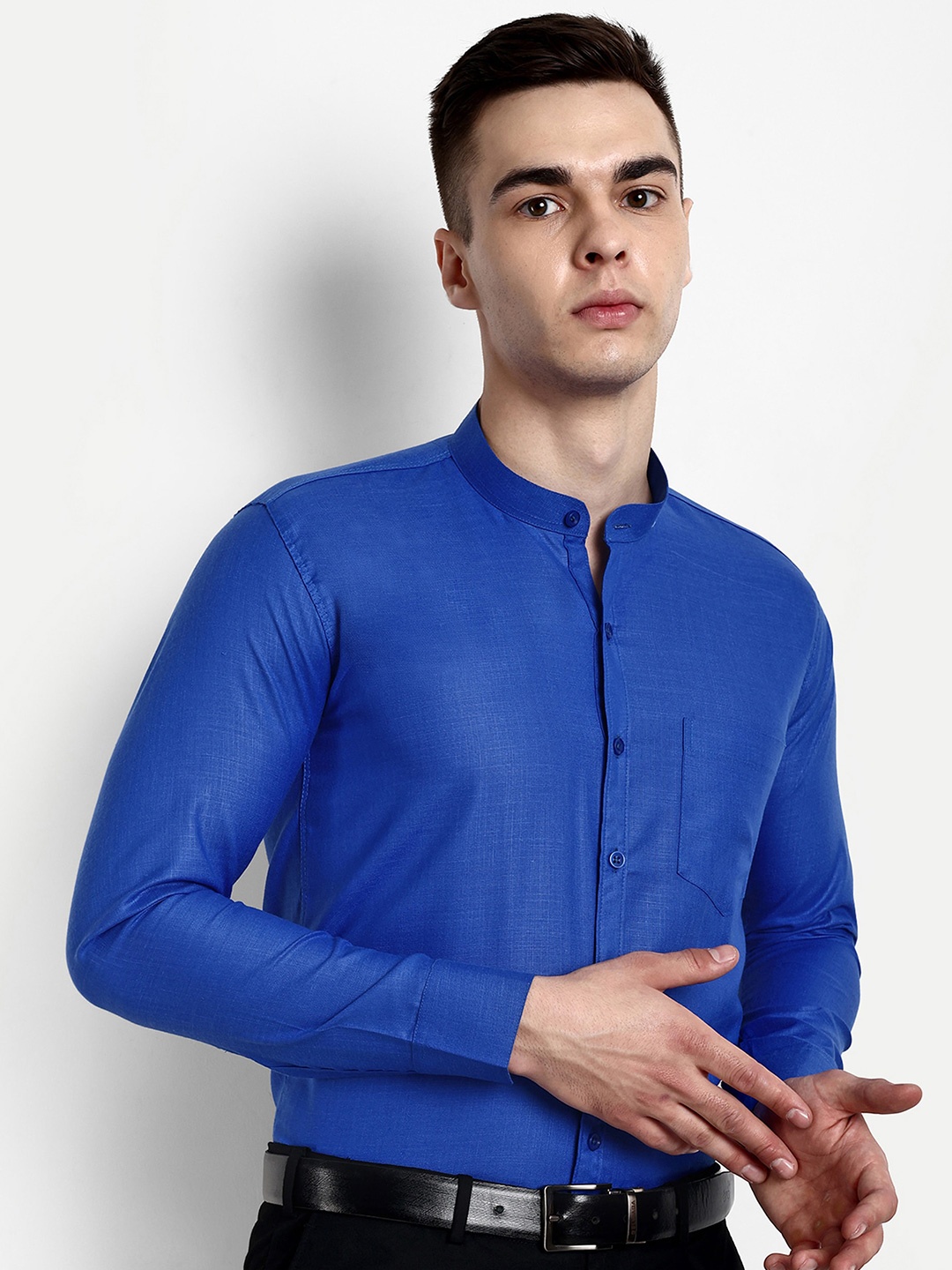 

KRAASA Classic Mandarin Collar Pure Cotton Formal Shirt, Turquoise blue