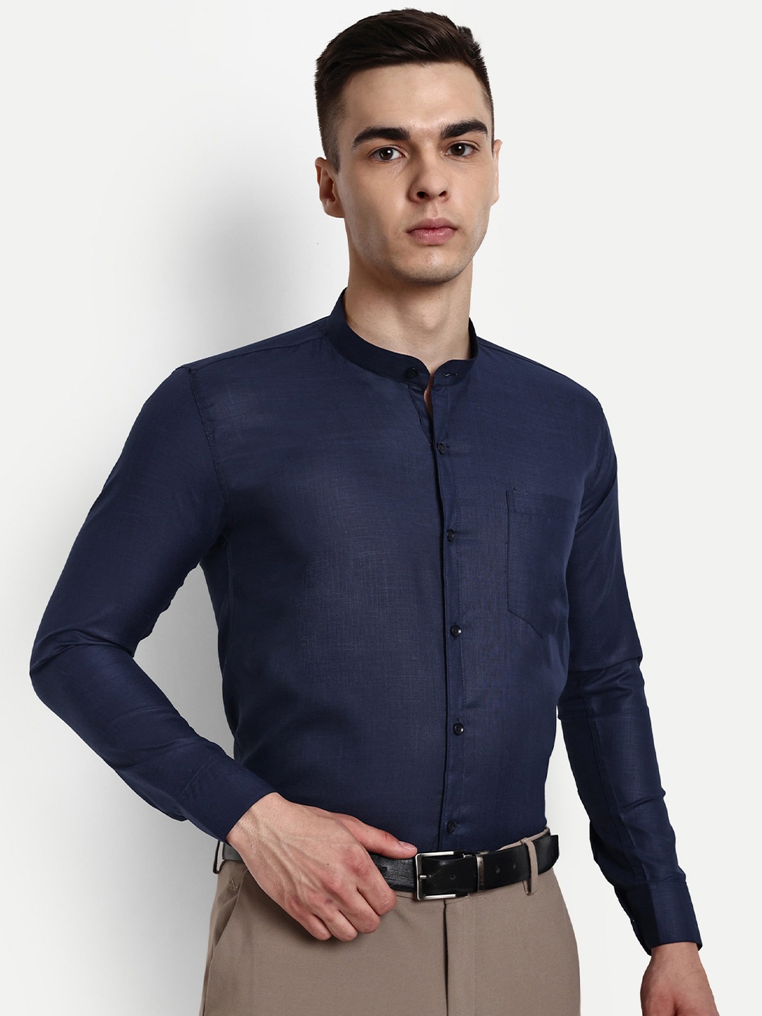 

KRAASA Band Collar Classic Pure Cotton Formal Shirt, Navy blue