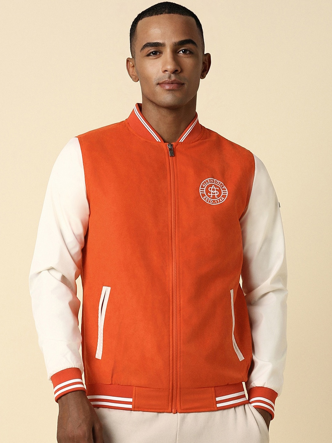 

Allen Solly Colourblocked Varsity Jacket, Orange