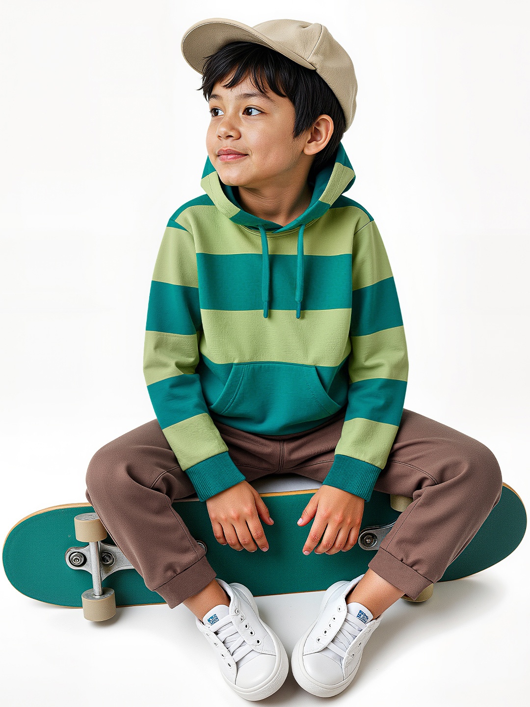 

The Souled Store Boys Striped Hooded Pure Cotton Pullover, Green