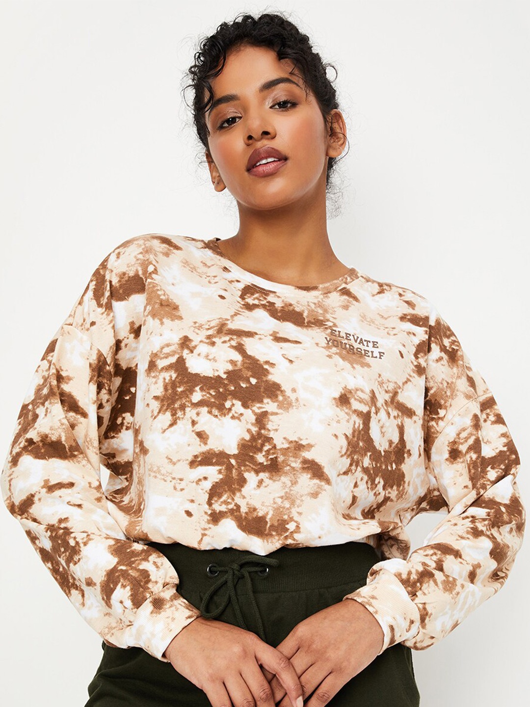 

max Abstract Printed Round Neck Cotton Sweatshirt, Brown