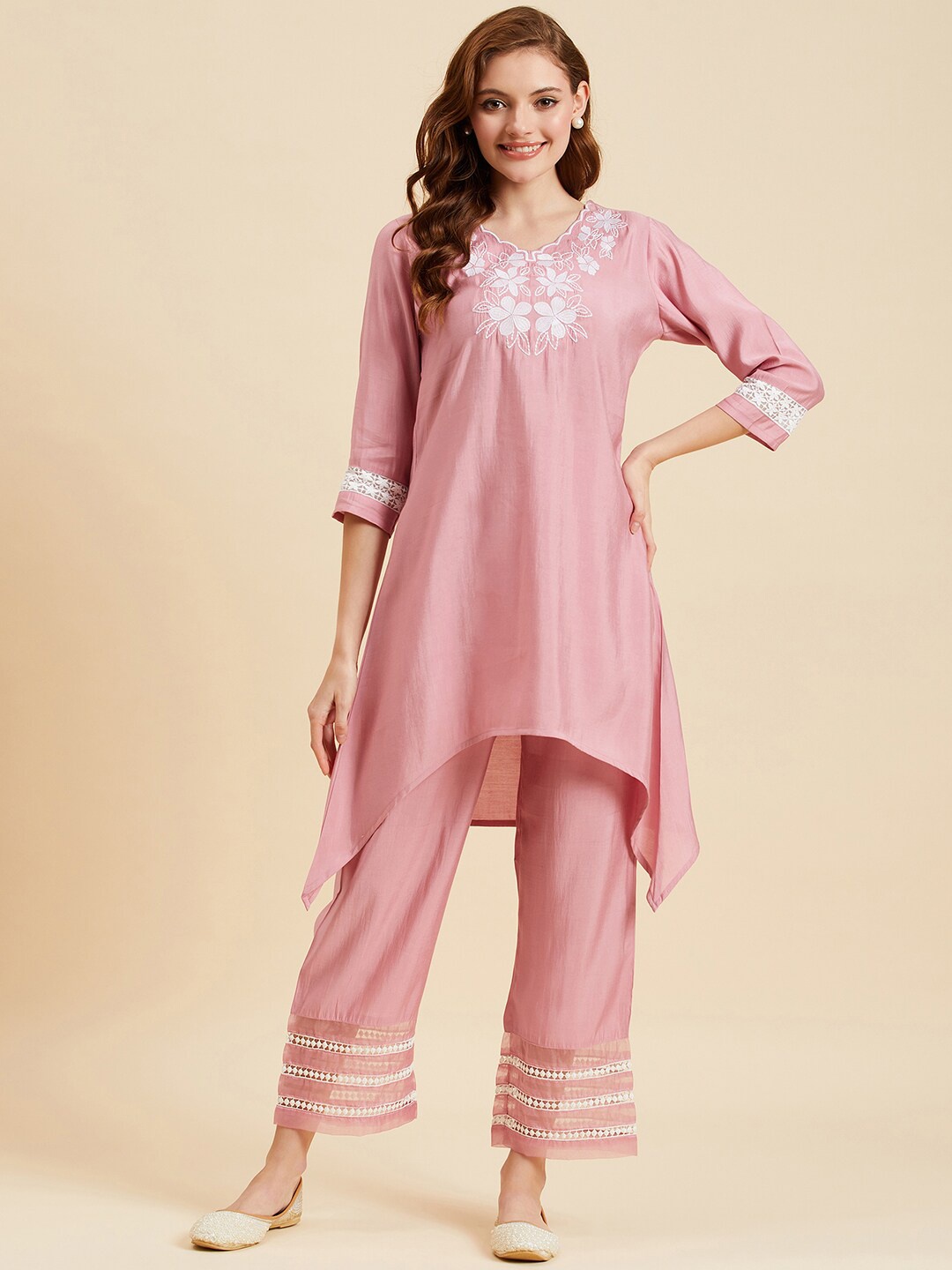 

Azira Floral Embroidered A-Line Kurta With Trousers Set, Pink