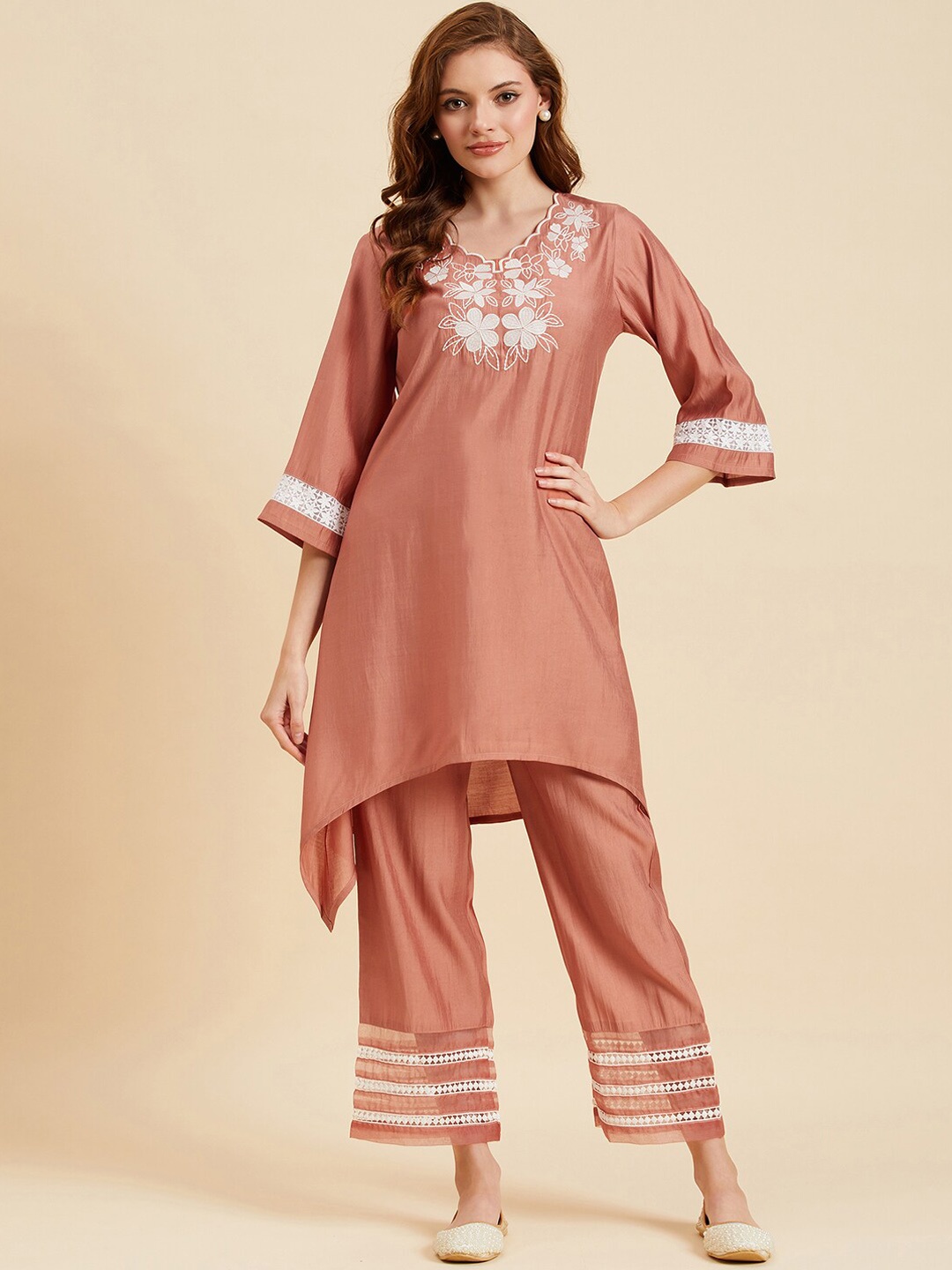 

Azira Floral Embroidered A-Line Kurta With Trousers Set, Peach