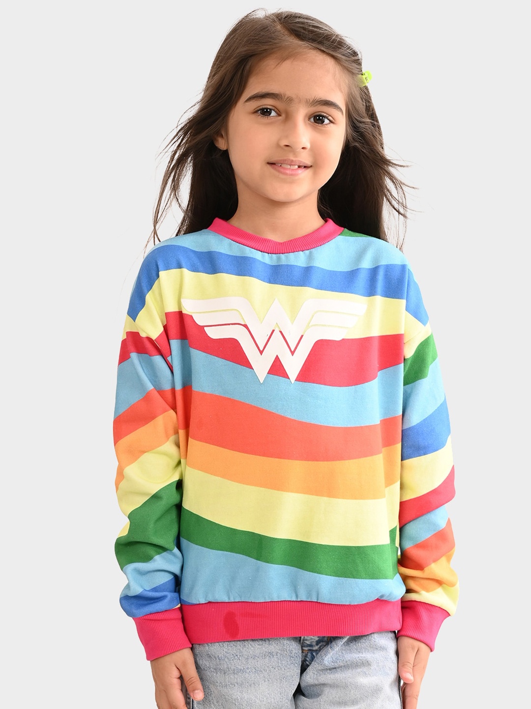 

BONKIDS Girls Striped Printed Cotton Pullover, Blue