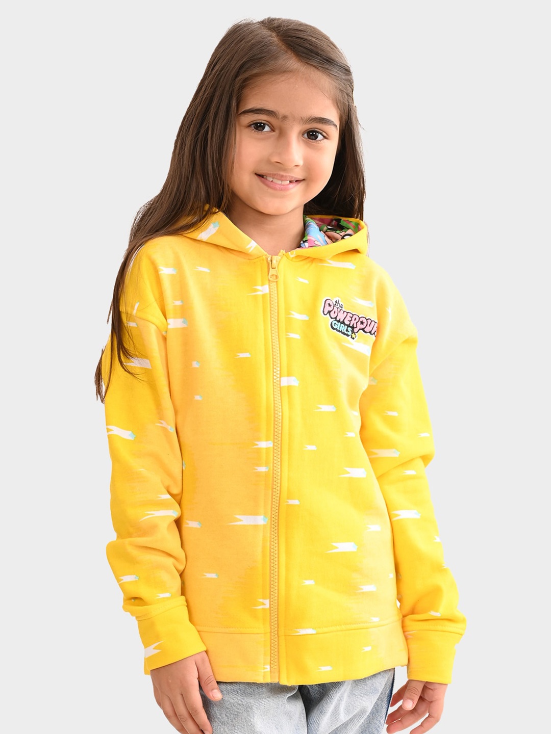 

BONKIDS Girls Geometric Printed Hooded Front Open Cotton Sweatshirt, Yellow