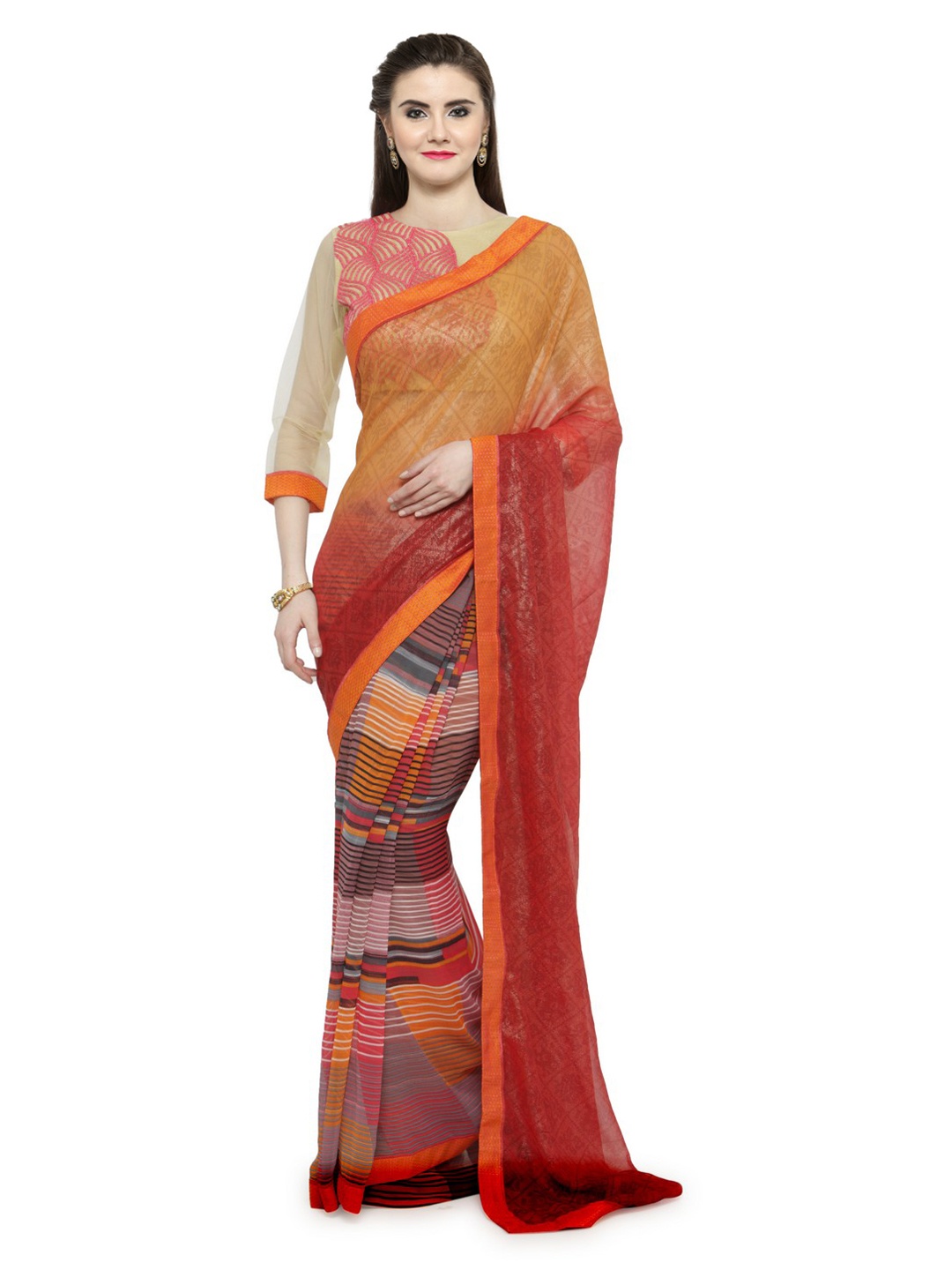 

Shaily Orange & Red Pure Georgette Printed Saree