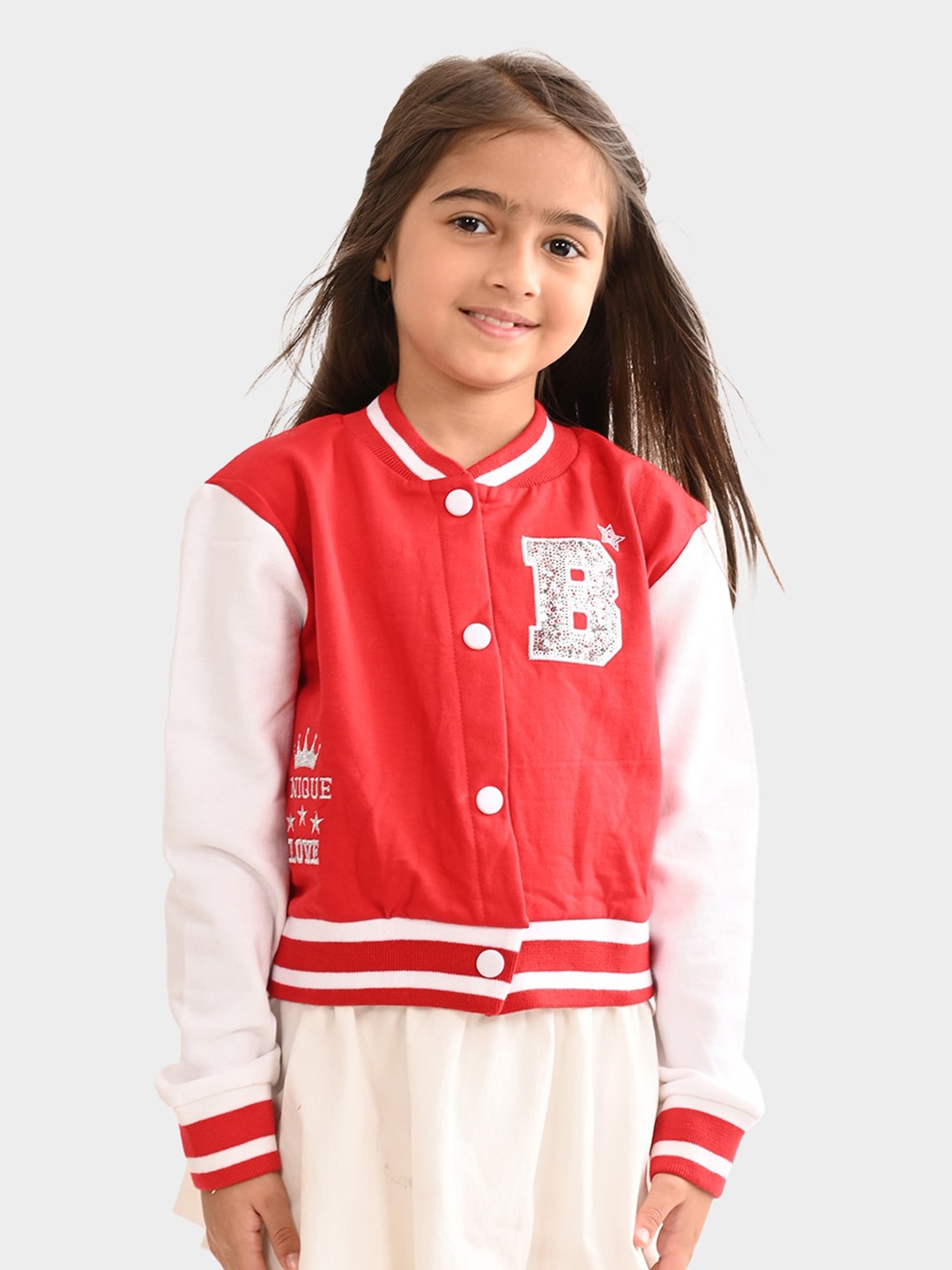 

BONKIDS Girls Red Colorblocked Cotton Front Open Sweatshirt