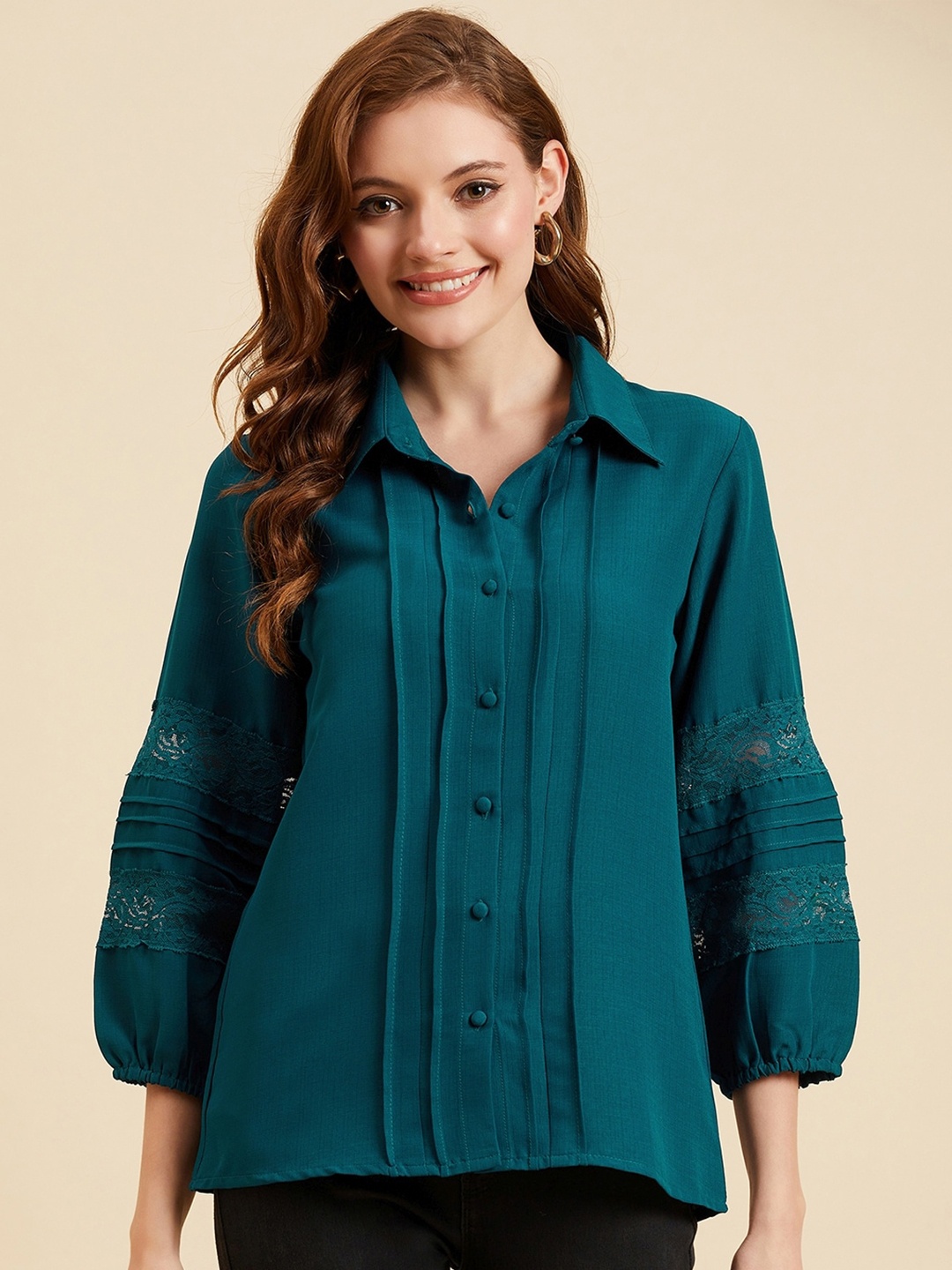 

Azira Pleated Shirt Style Top, Teal