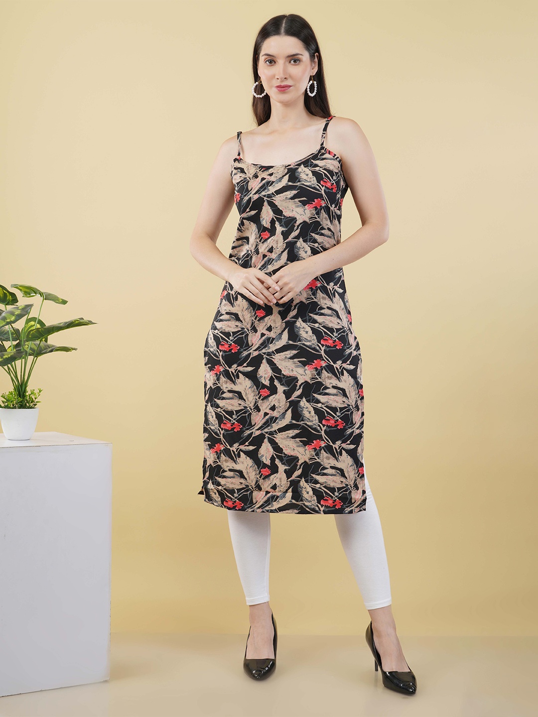 

KIDPORIUM Floral Printed Shoulder Straps Crepe Kurta, Black
