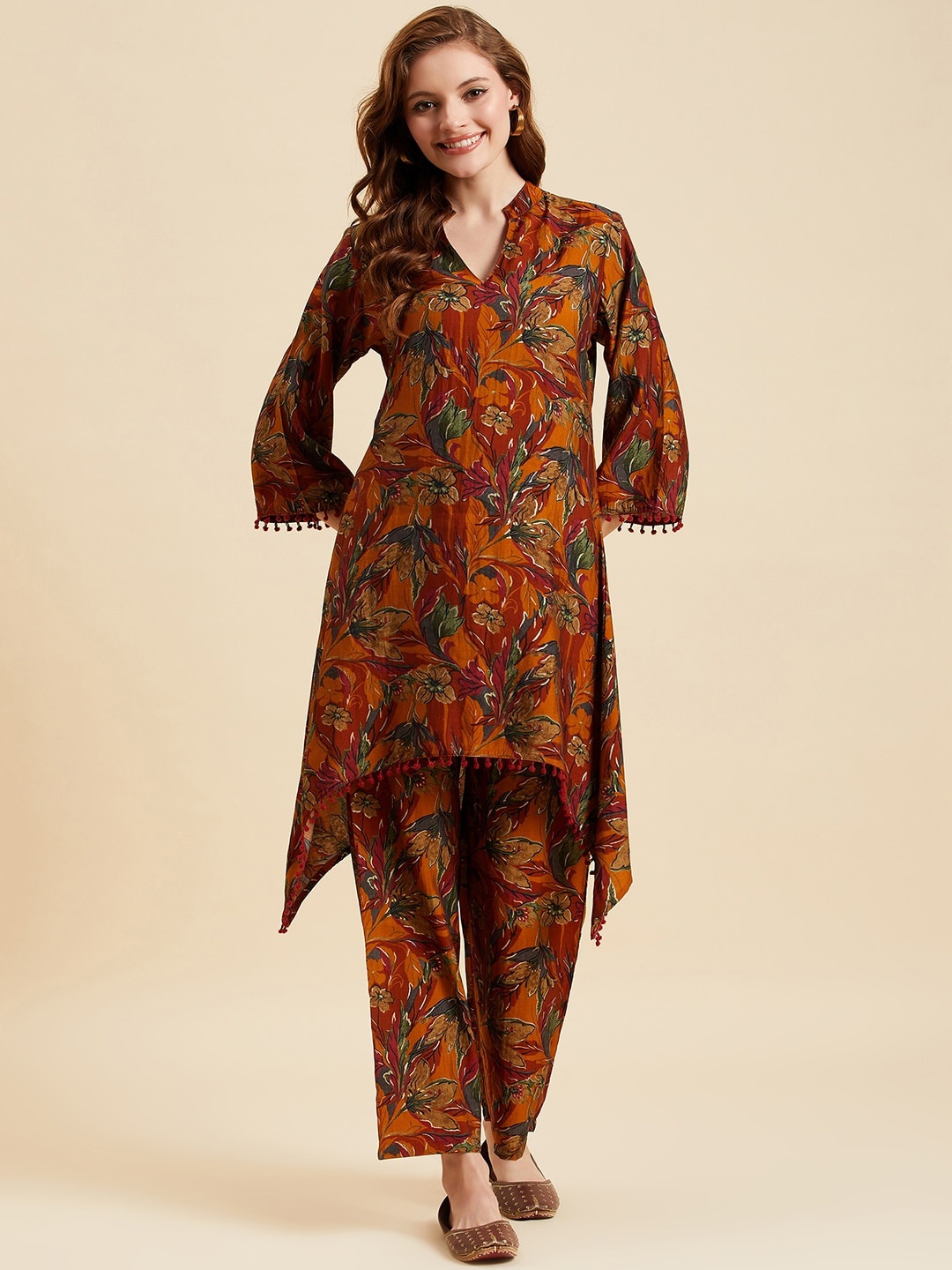 

Azira Floral Printed Mandarin Collar A-Line Kurta with Palazzos, Brown