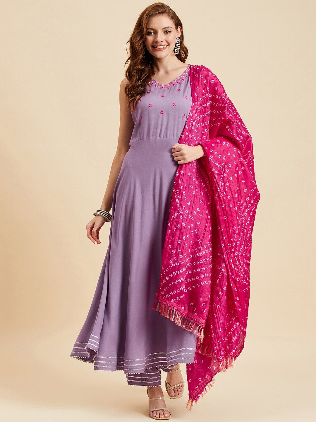 

Azira Floral Embroidered Kurta With Trousers & Dupatta, Purple