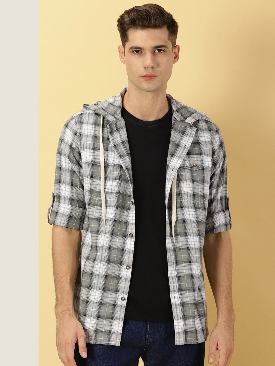 

Thomas Scott Classic Tartan Checked Hooded Pure Cotton Casual Shirt, Grey