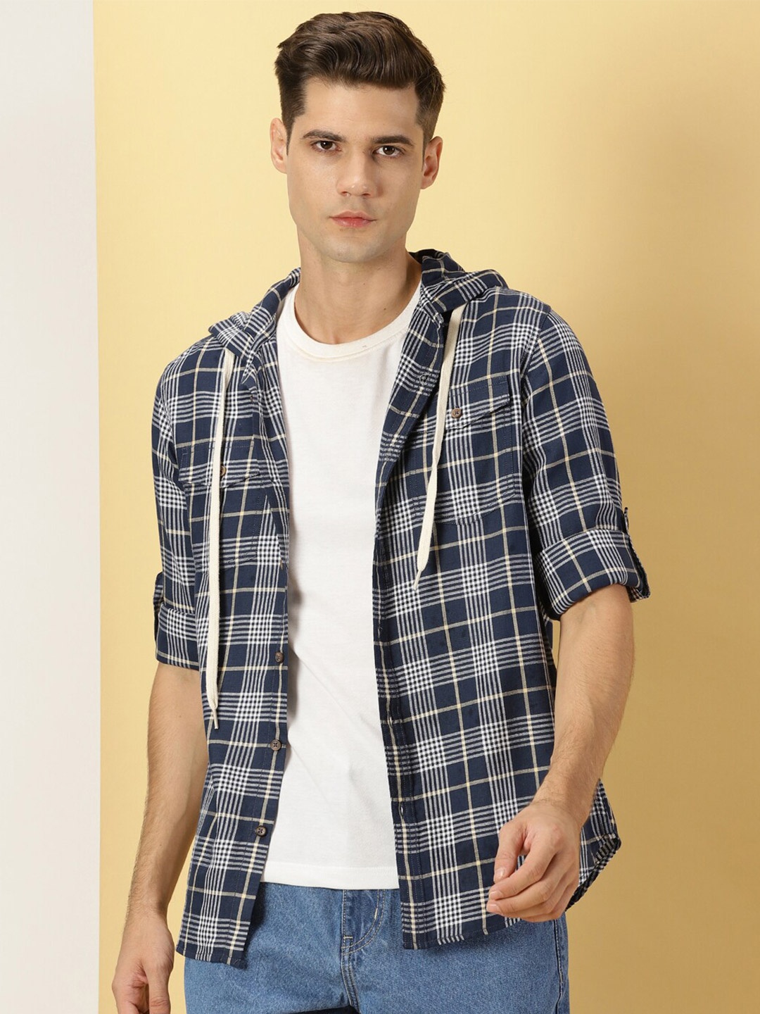 

Thomas Scott Classic Tartan Checked Hooded Pure Cotton Casual Shirt, Blue