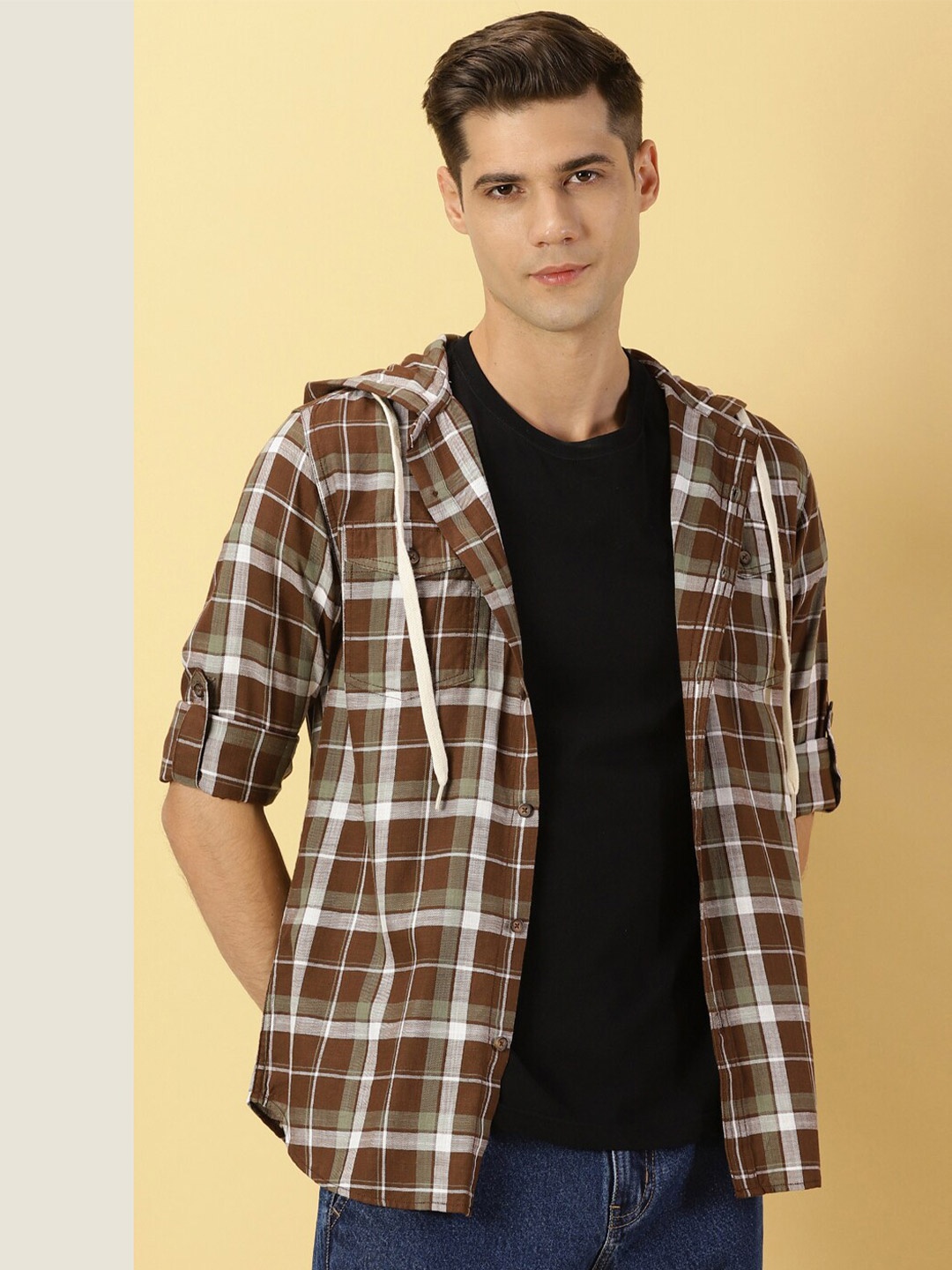 

Thomas Scott Classic Tartan Checked Hooded Pure Cotton Casual Shirt, Camel brown