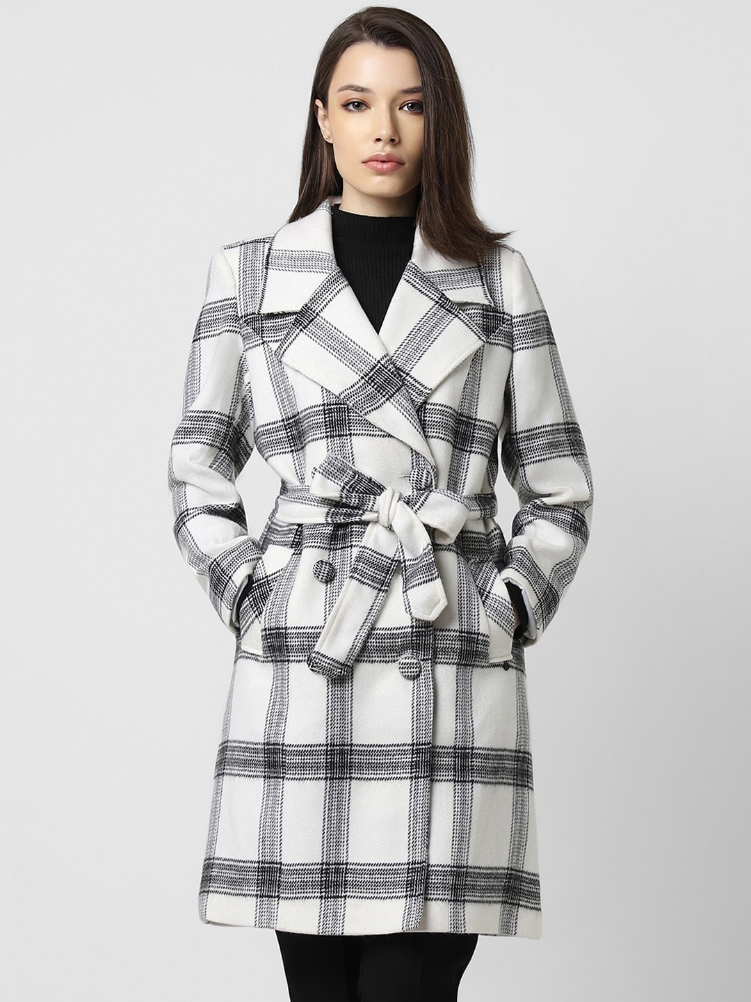 

Van Heusen Woman Lapel Collar Checked Open Front Jacket, White