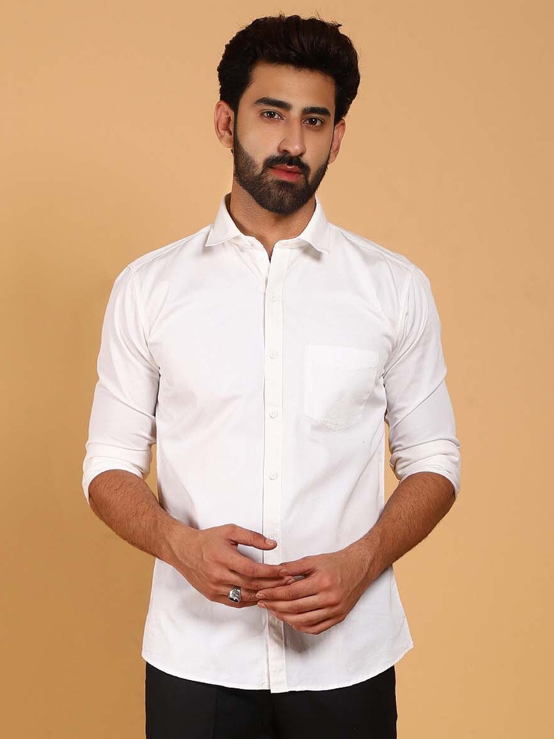 

BLUEBIRD Classic Spread Collar Satin Casual Shirt, White